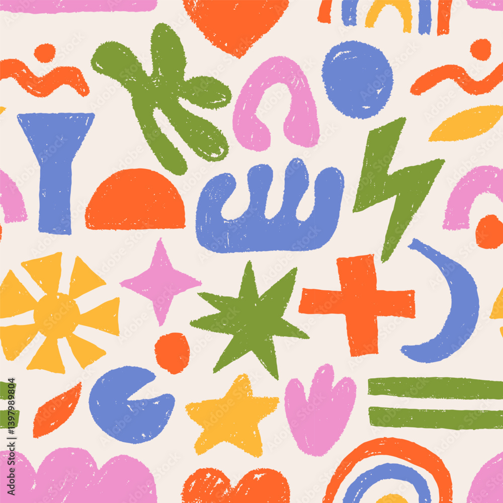 Poster crayon doodle shapes pattern. seamless print of abstract funny hand drawn scribble blobs, abstract b