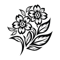Black and White Floral Stylized Flowers and Leaves on White Background