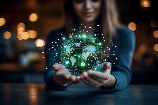 Woman holds digital Earth globe.