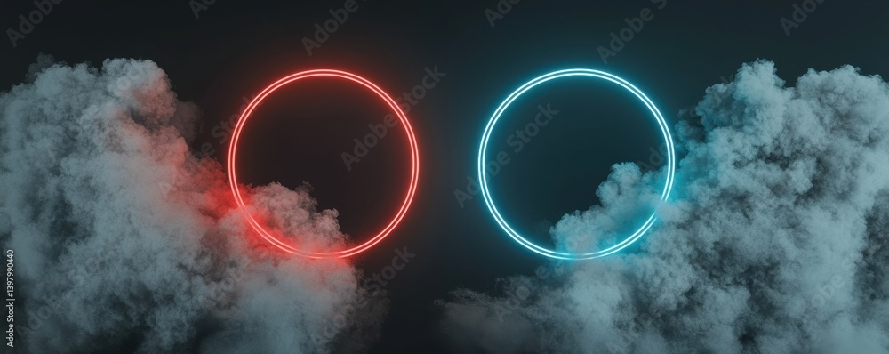 Poster vibrant neon circles surrounded by colorful smoke create a dynamic visual effect.