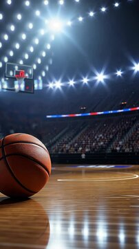 Basketball rests on the court in a packed arena before the game begins, illuminated by bright lights