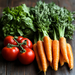 Fresh vegetables arranged on wooden surface
