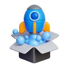 3D icon of a rocket launching from a box, representing innovative startups, creative ideas, and thinking outside the box.