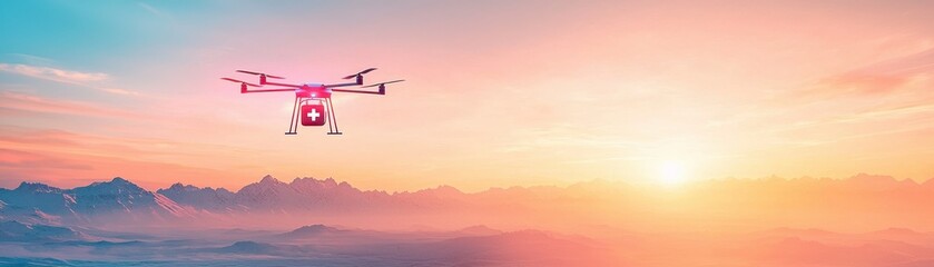 Obraz premium A vibrant drone flying over majestic mountains during a colorful sunset.