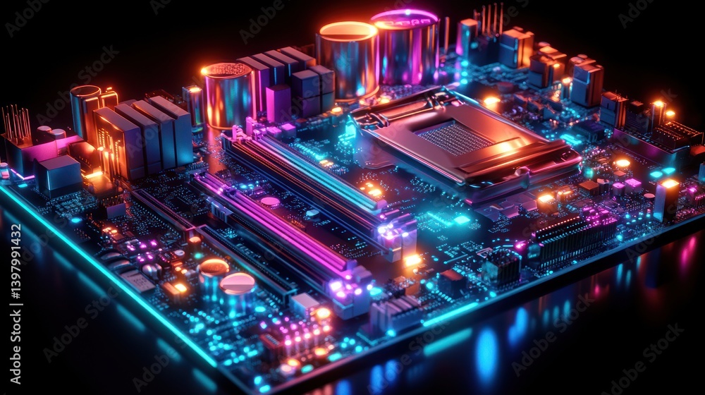 Poster illuminated motherboard close up showcasing intricate circuitry and advanced electronic components w