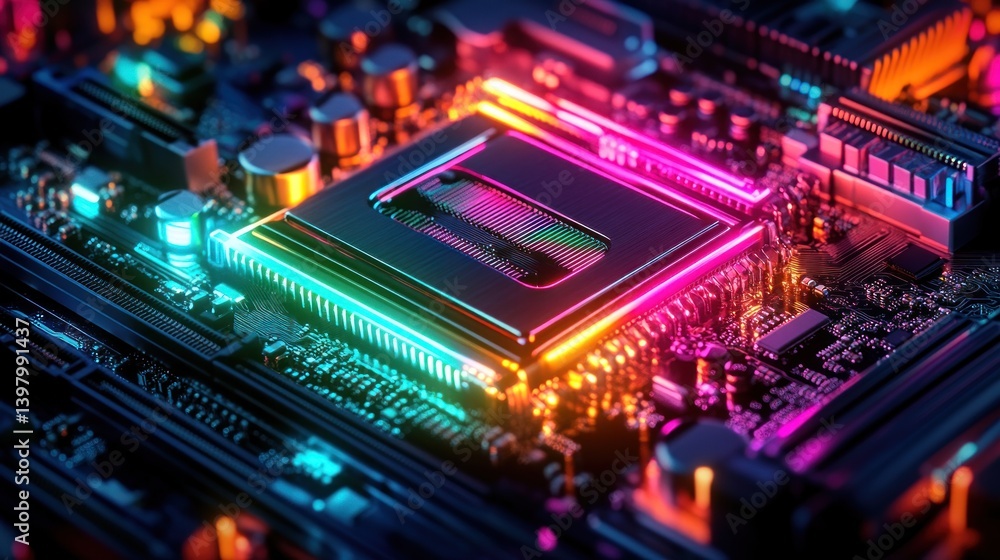 Poster futuristic computer motherboard with neon accents illustrating technological advancement and complex