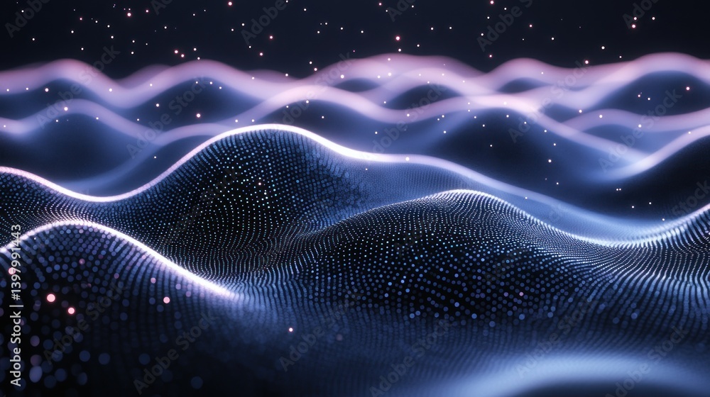Poster abstract waves of digital data flowing with luminous particles creating an ethereal landscape perfec