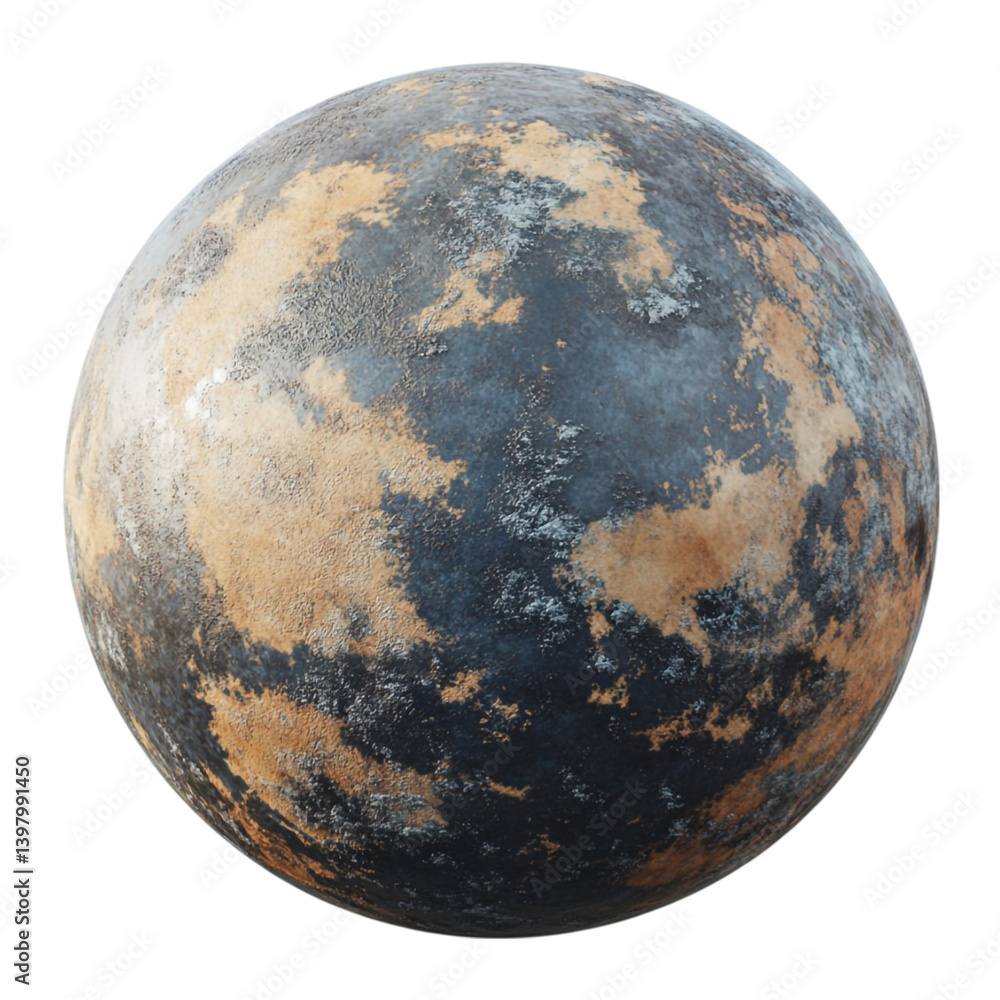 Poster a digital rendering of a celestial body, a planet or moon with a rusty and weathered surface. the te
