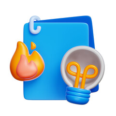 3D icon of a light bulb, document, and fire symbolizing bold startup decisions, scrapped plans, and innovation through disruption.