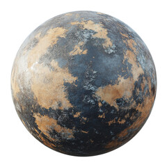 A digital rendering of a celestial body, a planet or moon with a rusty and weathered surface. The texture is predominantly dark gray and tan.