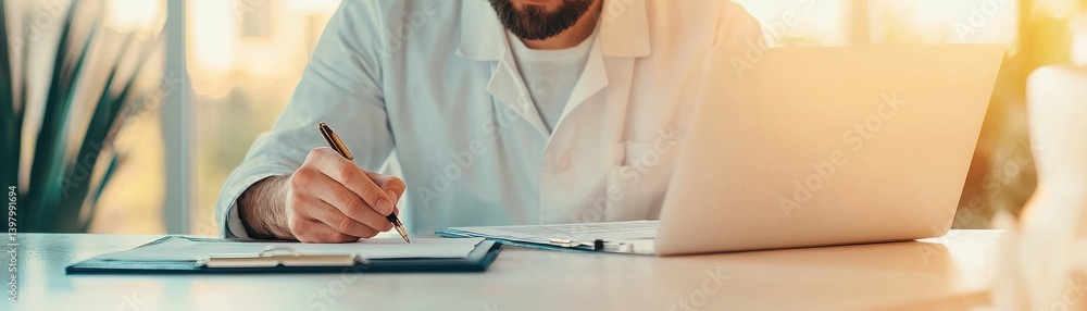 Poster a professional man writing notes while using a laptop in a modern office setting.