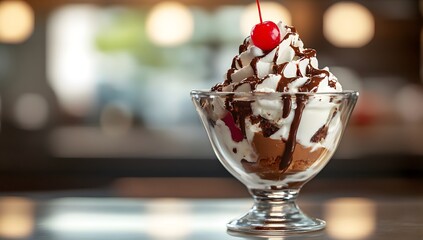 Ice cream sundae with whipped cream chocolate syrup and cherry in glass bowl.