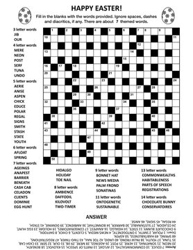 Easter holiday themed 19x19 criss-cross (kriss-kross, fill in the blanks) crossword puzzle or word game (English language) with about 7 theme words. Answer included.
