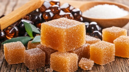 Delicious brown sugar cubes arranged on a wooden surface with ingredients