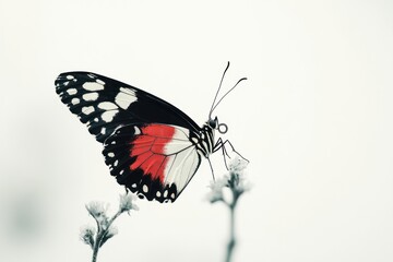 Naklejka premium Red-black butterfly on flower, white background, nature, design.