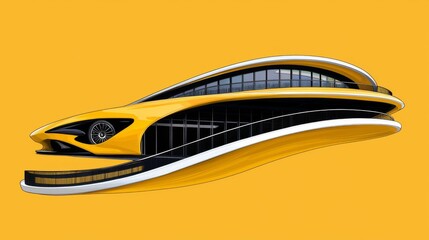A sleek yellow sports car design with a modern architectural background