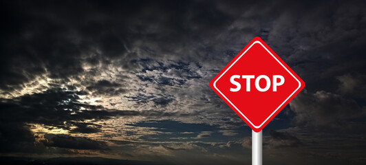 Hurricane Idalia warning sign against a powerful stormy background with copy space. Dirty and angled sign with cyclonic winds add to the drama.hurricane season sign on cloudy background.stop