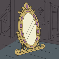 Vintage Ornate Decorative Cartoon Gold Standing Mirror with Purple Gems Illustration
