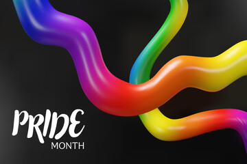 3d rainbow two lines on black background for Pride month. Three-dimensional vector illustration. Sexual diversity freedom for gay, transgender, LGBTQIA people. Love promotion scene. Showroom template.