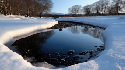 Frozen stream in a snowy landscape.  A tranquil winter scene of a stream with snow-covered banks, dark water, and reflections of trees.  Sunlight highlights the snow and the still water