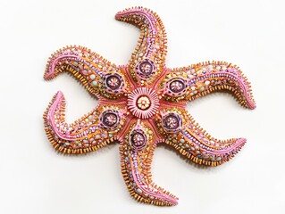 Detailed, intricate, handcrafted starfish.  Mosaic design in shades of pink, orange, and pastel colors