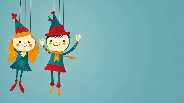 Multicolor Puppet Show Illustration for Kids Featuring Marionettes and Ventriloquist Characters