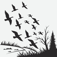 Fototapeta premium Flying Geese Flock V Formation Silhouette Vector Illustration