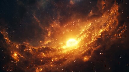 Fiery cosmic clouds and a radiant star illuminate the vast expanse of space. A breathtaking view of celestial wonders in warm hues.