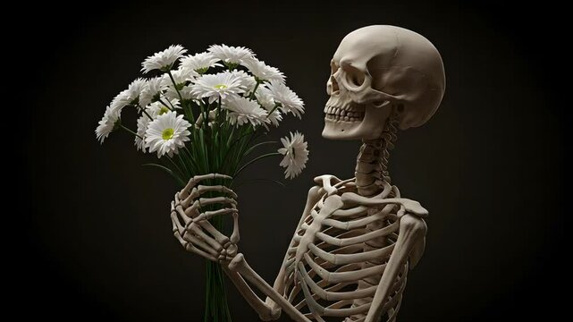 Skeleton holding white flowers dark background art still life