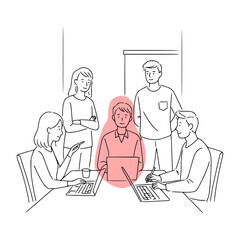 Simple Stroke Line Art of Team at meeting in office 