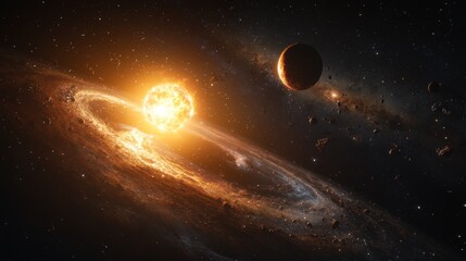 A fiery cosmic spectacle unfolds as a radiant star illuminates a swirling nebula, accompanied by a distant planet and scattered asteroids. 