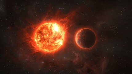 Fototapeta premium Fiery stellar explosion. A blazing star and a scorched planet in a dramatic cosmic scene.