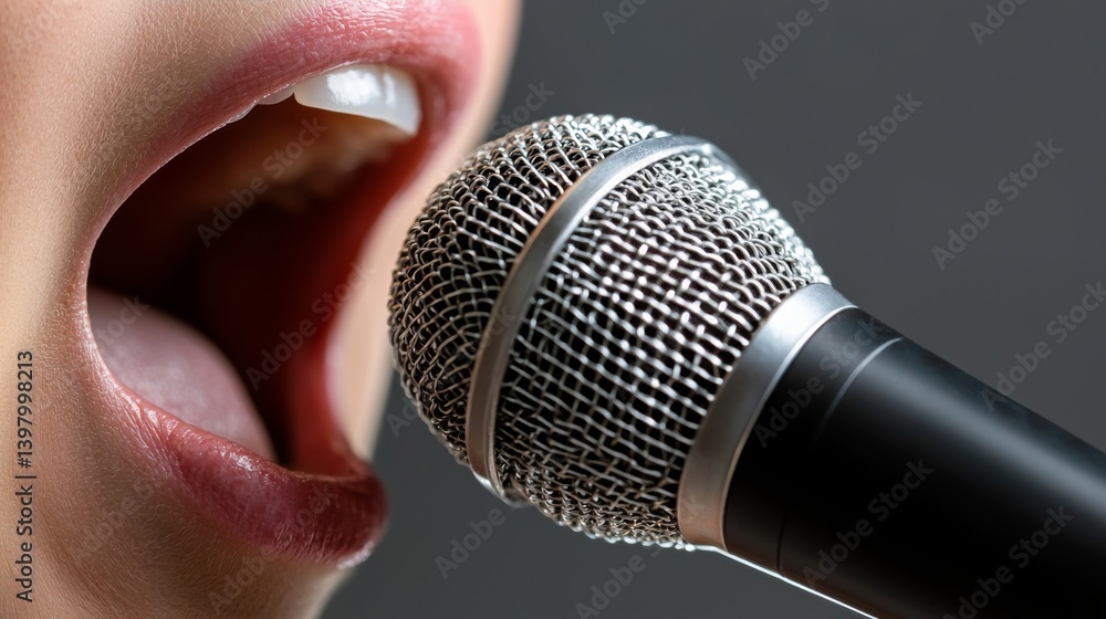 Poster close-up of a person singing into a microphone with intense expression