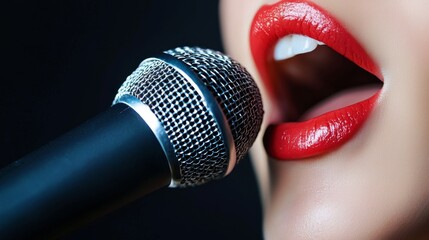 Close-up of a woman singing into a microphone with red lips