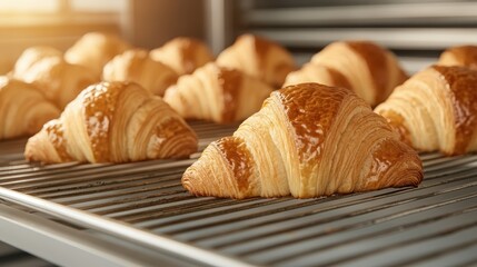 An inviting scene of artisan croissants cooling on a rack, bathed in soft morning light, showcasing their flaky texture and golden crust, inviting a delicious treat.