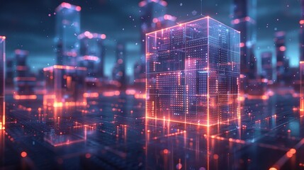 Translucent quantum processor chip with floating qubit particles in gradient purple/teal hues, cooled by liquid nitrogen with a blue mist, set against a cyberpunk neon grid, in a hyper-detailed 3D ren