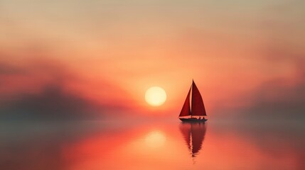 A serene sunset scene of a sailboat gliding through calm waters, capturing the warm hues of twilight and the peaceful reflection, creating a moment of tranquility and beauty.