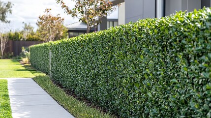Lush Green Hedge Garden Landscaping Modern Home Exterior Design Beautiful Nature Vibrant Greenery Backyard Privacy Fence Tall Plants Natural Greenery