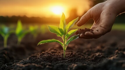 This image beautifully depicts a human hand gently planting a young sprout into fertile soil, emphasizing the connection between humanity, nature, and nurturing growth.