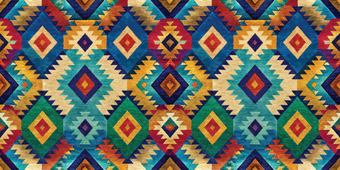 Vibrant geometric pattern featuring colorful diamonds and zigzags in rich tones.