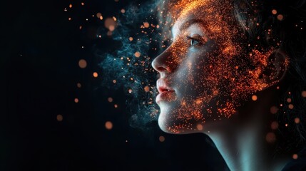 This artistic portrayal of a face made of luminous particles embodies the idea of inner beauty and the fusion of human essence with ethereal energy in a captivating way.