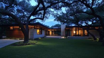 Modern Home at Dusk in a Wooded Area