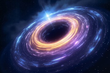 Glowing swirling black hole in deep space with bright light trails on a dark starry abstract background.