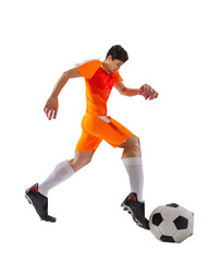 Focused man, soccer player in motion, dribbling ball against white background. Minimalist cut out style. Contemporary art collage. Concept of sport, competition, tournament, game.