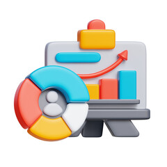 3D icon of a dashboard with pie chart and documents, representing business data analysis and strategy review.