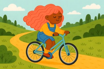 an illustration of a girl riding a bike outdoors,Generative IA