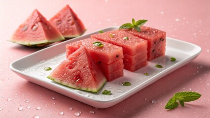 Modern food photo advertisement: A white plate displays cubed and triangular watermelon pieces, all glistening with water droplets, set against a solid pink background
