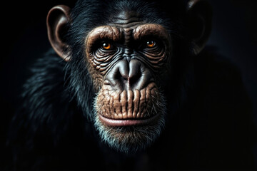 Close-up of a realistic chimpanzee face with expressive eyes in dramatic light on a dark background, symbolizing intelligence and emotion.