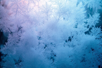 Delicate frost patterns on icy window with soft pink and blue light background, creating a peaceful winter abstract atmosphere.