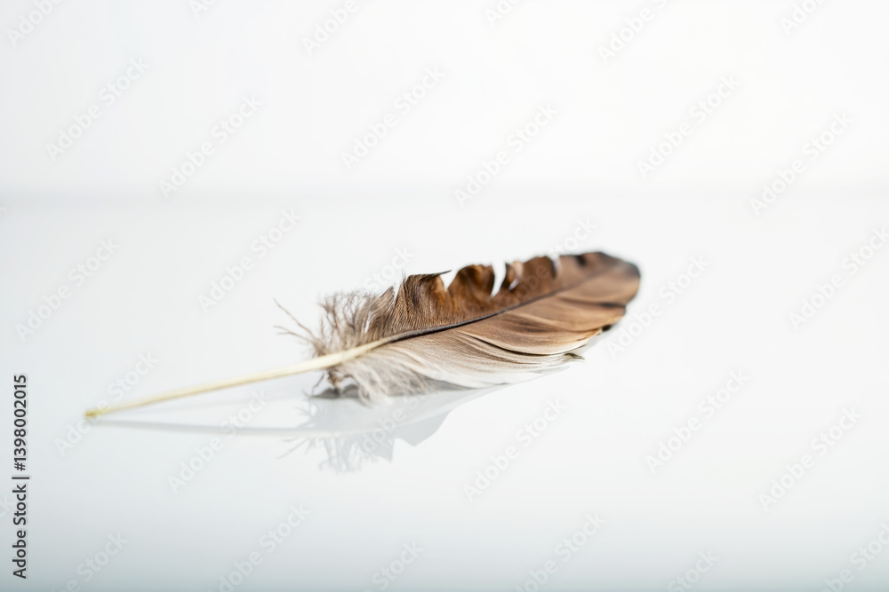 Poster Close-up of a single brown feather lying on a glossy white surface with soft reflection on a light abstract background. Ai generative.
